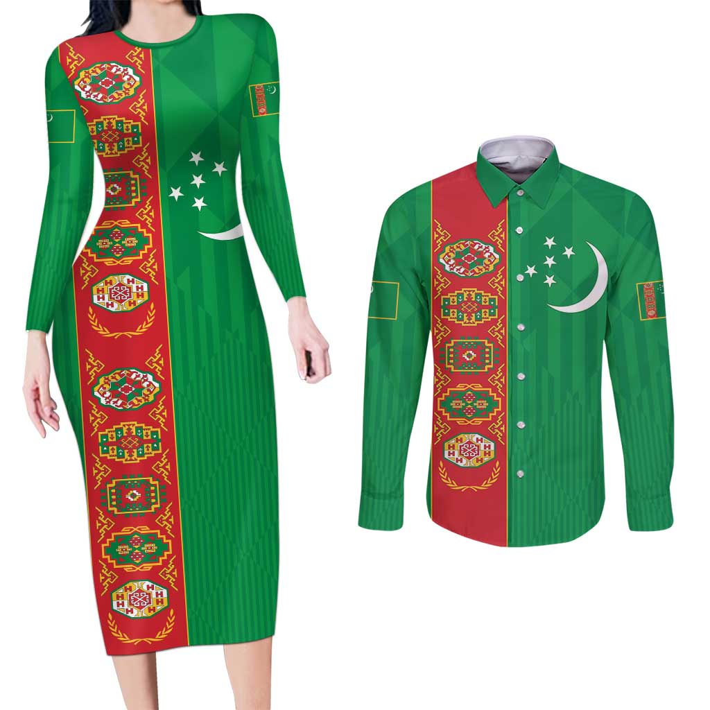 Turkmenistan Black Francolin Custom Couples Matching Long Sleeve Bodycon Dress and Long Sleeve Button Shirt Turkmenistan Turkmenistanyn Baydagy