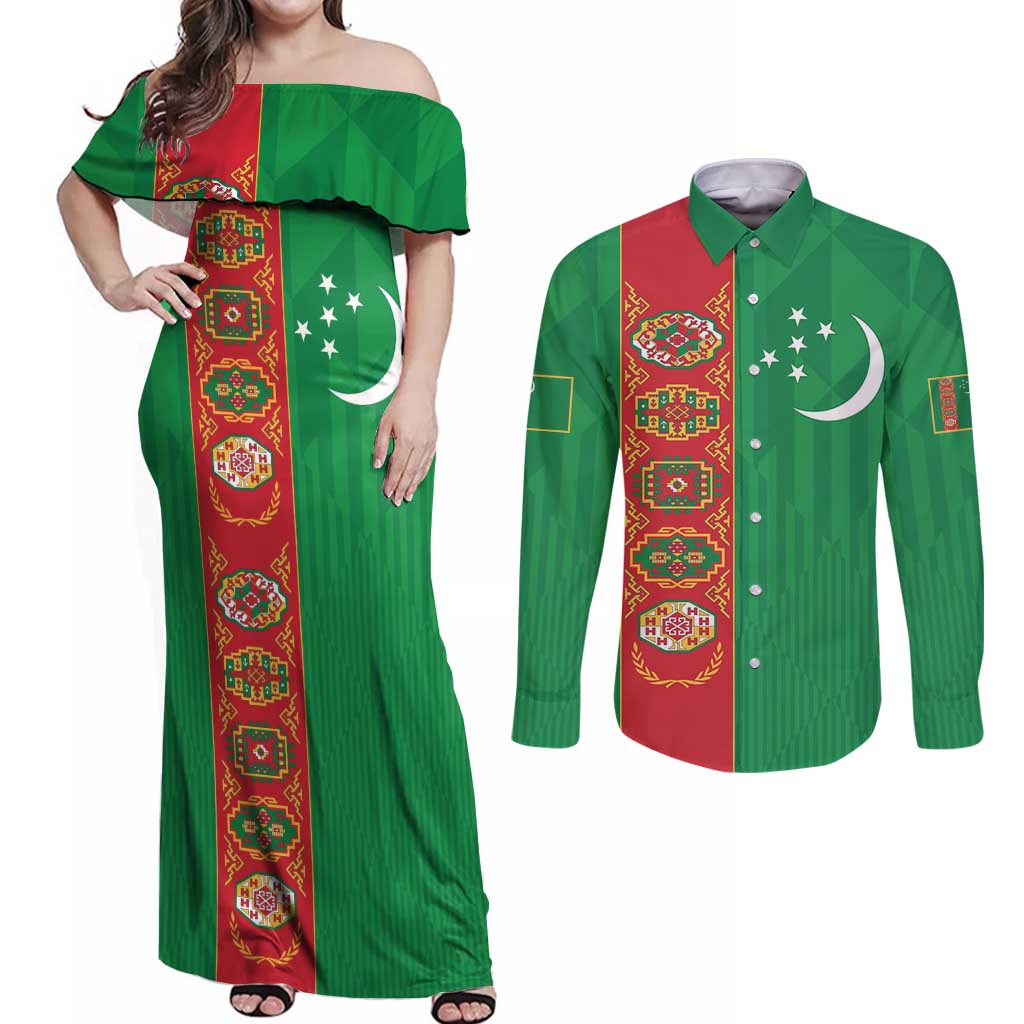 Turkmenistan Black Francolin Custom Couples Matching Off Shoulder Maxi Dress and Long Sleeve Button Shirt Turkmenistan Turkmenistanyn Baydagy