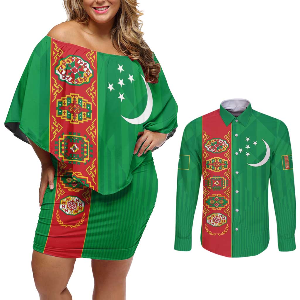 Turkmenistan Black Francolin Custom Couples Matching Off Shoulder Short Dress and Long Sleeve Button Shirt Turkmenistan Turkmenistanyn Baydagy