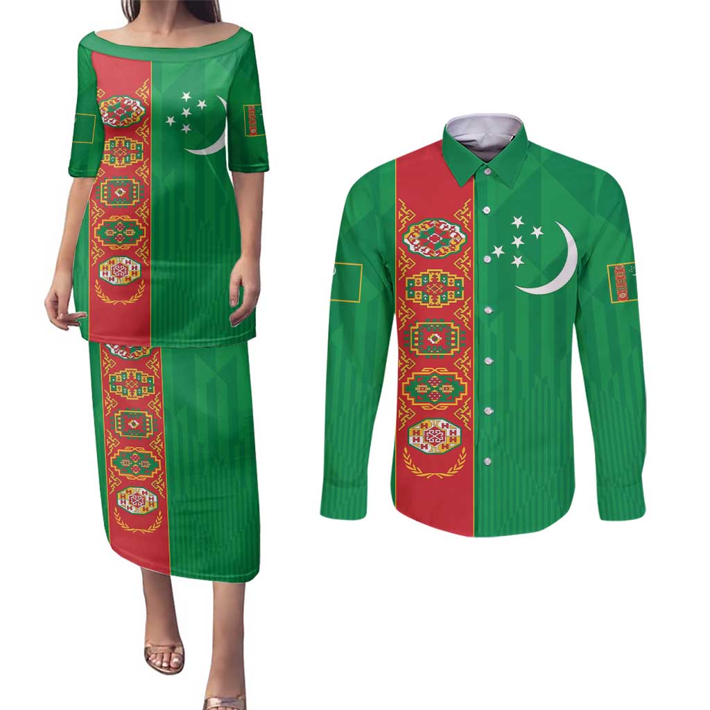 Turkmenistan Black Francolin Custom Couples Matching Puletasi and Long Sleeve Button Shirt Turkmenistan Turkmenistanyn Baydagy