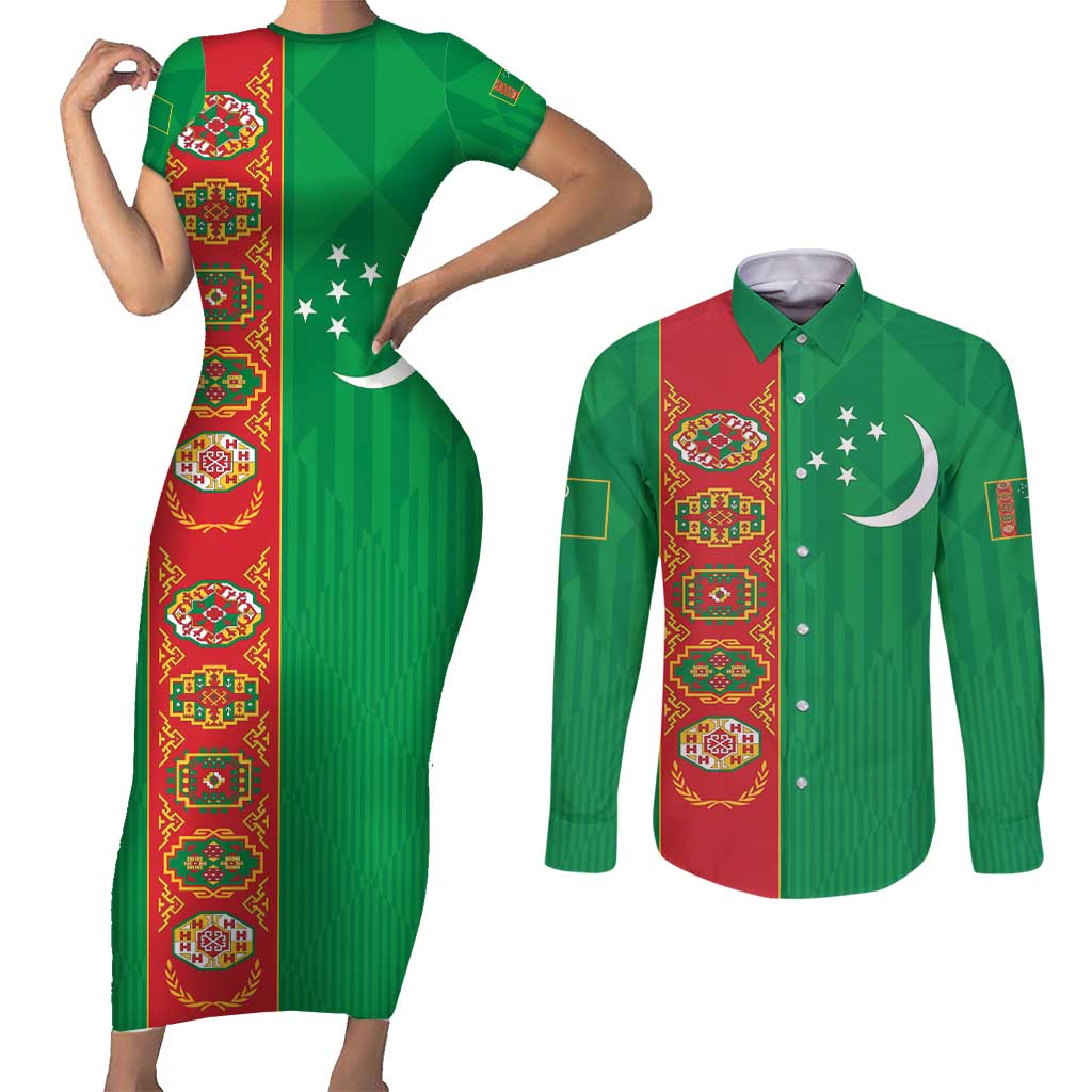 Turkmenistan Black Francolin Custom Couples Matching Short Sleeve Bodycon Dress and Long Sleeve Button Shirt Turkmenistan Turkmenistanyn Baydagy