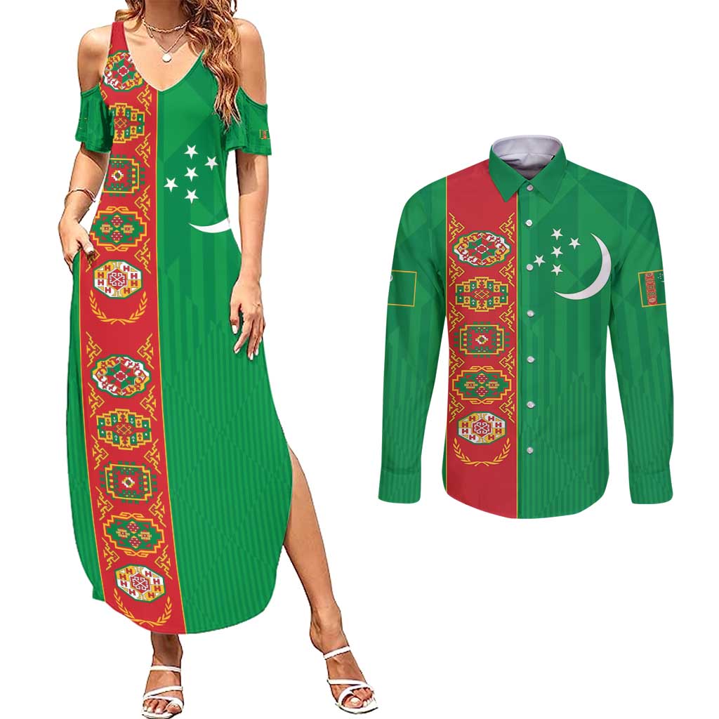 Turkmenistan Black Francolin Custom Couples Matching Summer Maxi Dress and Long Sleeve Button Shirt Turkmenistan Turkmenistanyn Baydagy