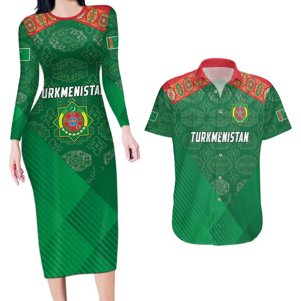 Turkmenistan Football Custom Couples Matching Long Sleeve Bodycon Dress and Hawaiian Shirt We Are The Champions