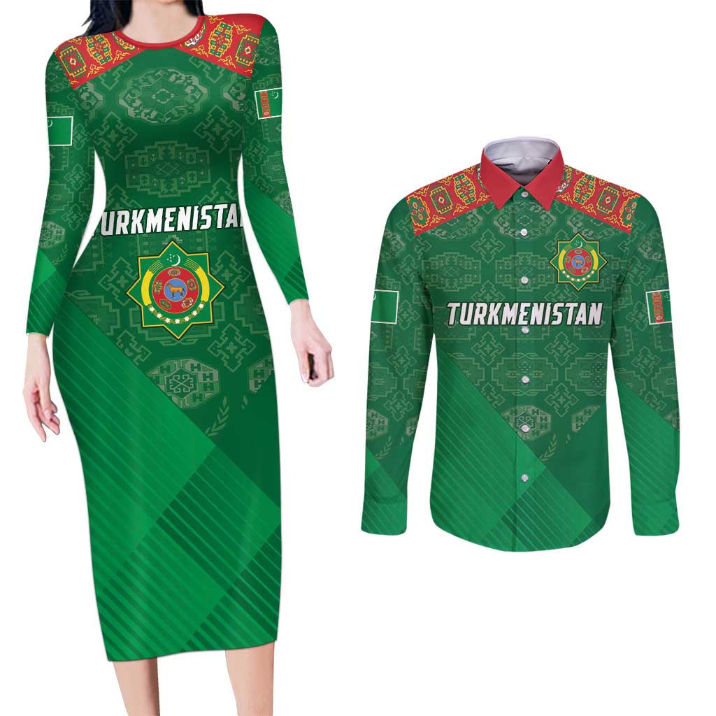 Turkmenistan Football Custom Couples Matching Long Sleeve Bodycon Dress and Long Sleeve Button Shirt We Are The Champions