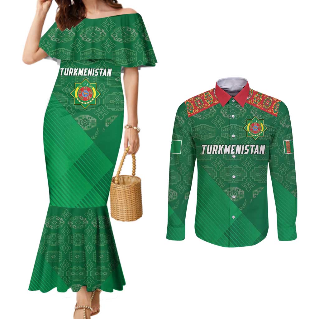 Turkmenistan Football Custom Couples Matching Mermaid Dress and Long Sleeve Button Shirt We Are The Champions