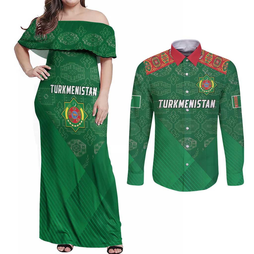 Turkmenistan Football Custom Couples Matching Off Shoulder Maxi Dress and Long Sleeve Button Shirt We Are The Champions