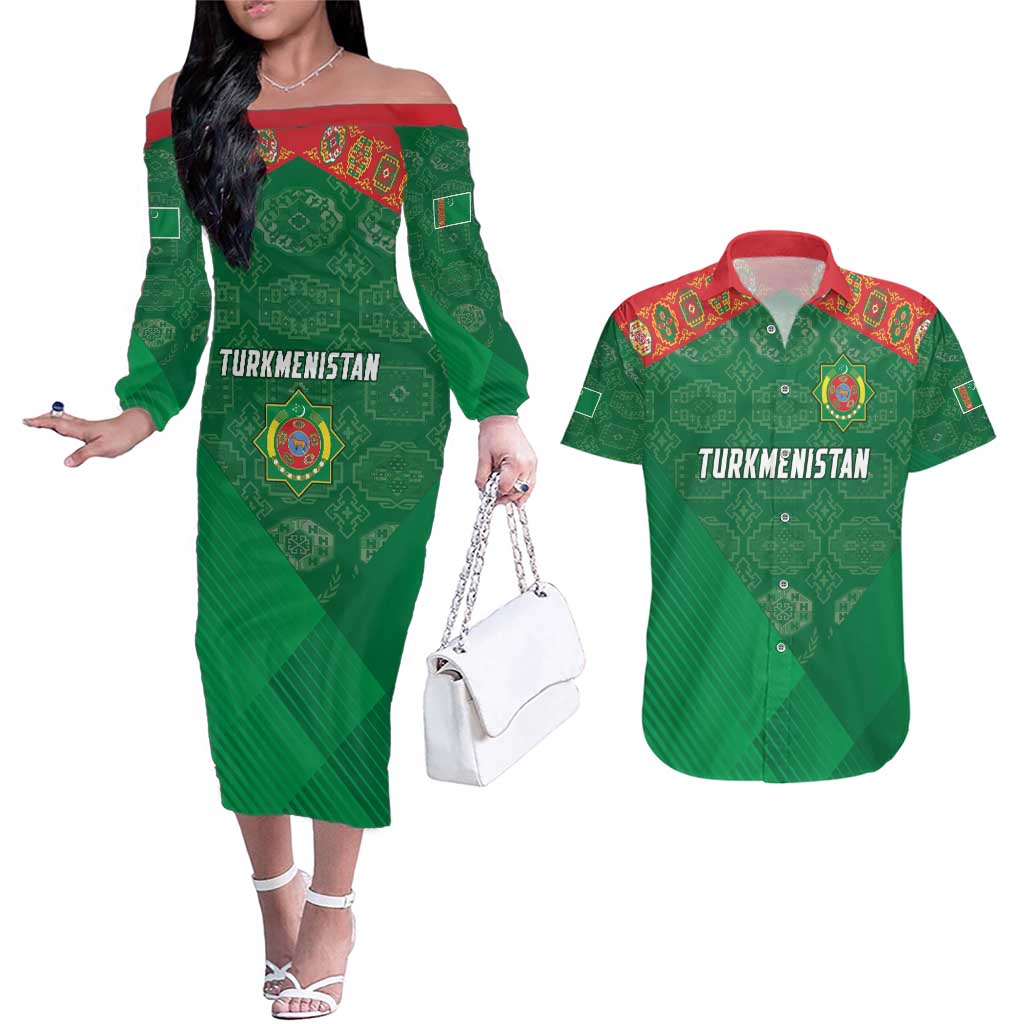 Turkmenistan Football Custom Couples Matching Off The Shoulder Long Sleeve Dress and Hawaiian Shirt We Are The Champions