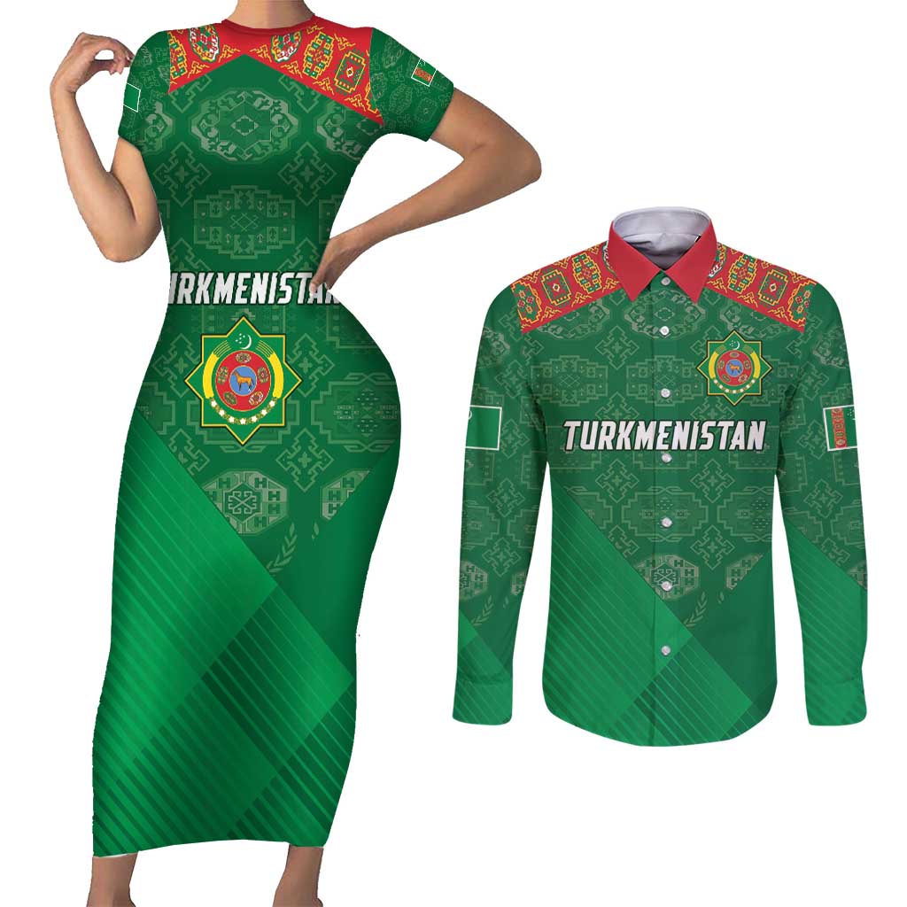 Turkmenistan Football Custom Couples Matching Short Sleeve Bodycon Dress and Long Sleeve Button Shirt We Are The Champions