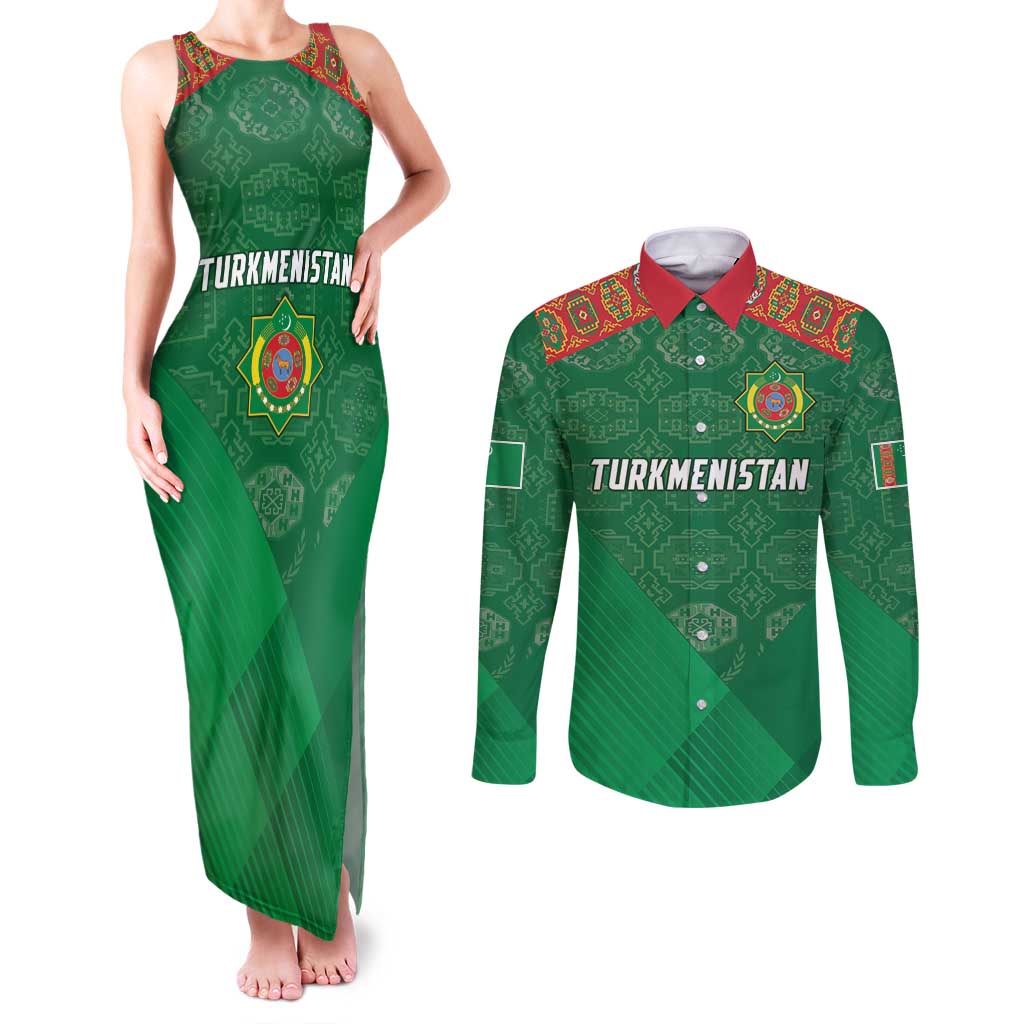 Turkmenistan Football Custom Couples Matching Tank Maxi Dress and Long Sleeve Button Shirt We Are The Champions