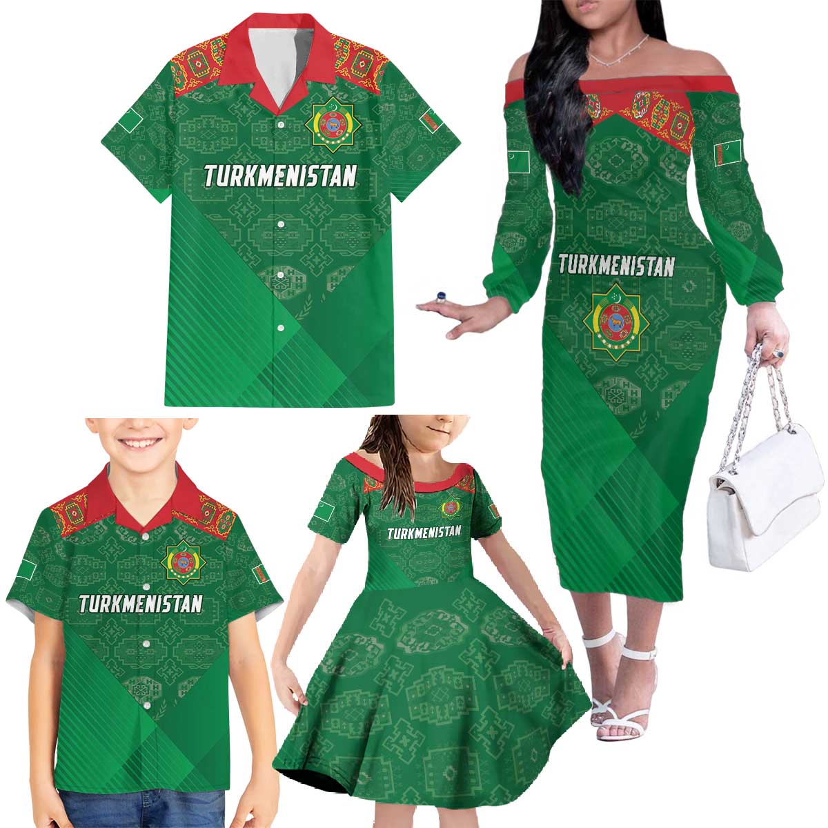 Turkmenistan Football Custom Family Matching Off The Shoulder Long Sleeve Dress and Hawaiian Shirt We Are The Champions