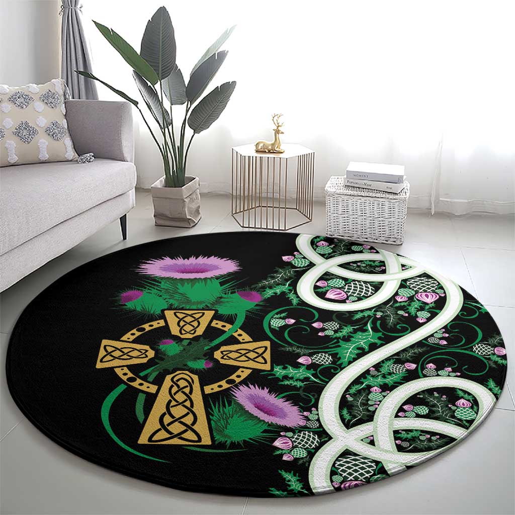 Scottish Celtic Cross Thistle Flowers Round Carpet