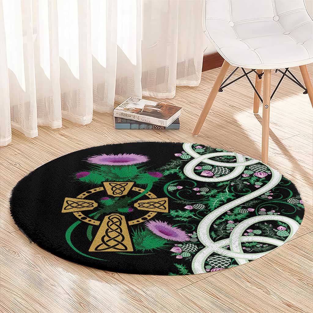 Scottish Celtic Cross Thistle Flowers Round Carpet