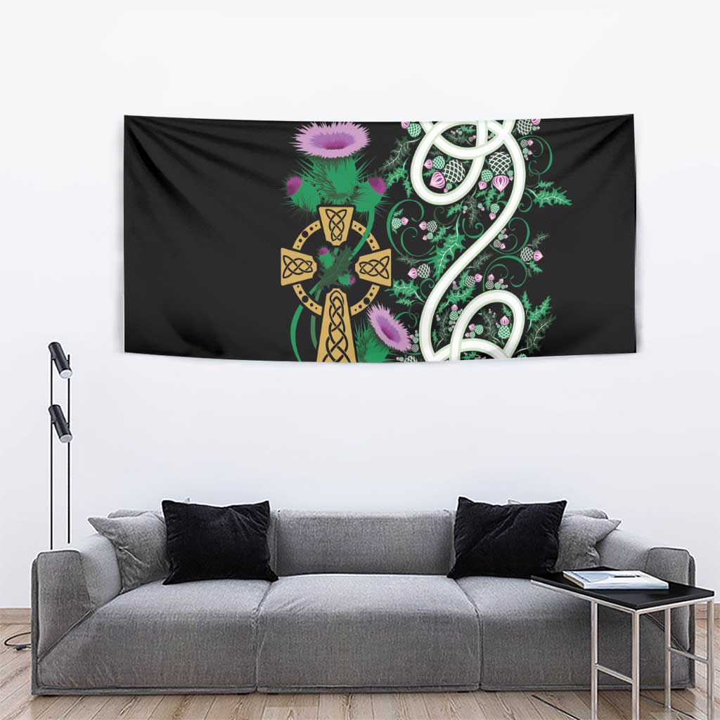 Scottish Celtic Cross Thistle Flowers Tapestry