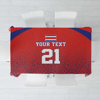 Custom football tablecloth in red with blue border, “YOUR TEXT” and number 21 at center.