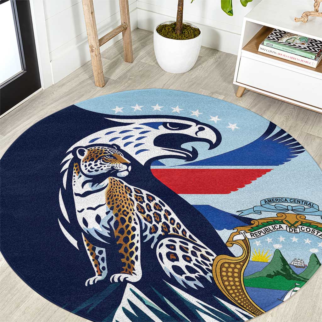 Round light-blue and navy round carpet with jaguar, stars, and flag-style graphics