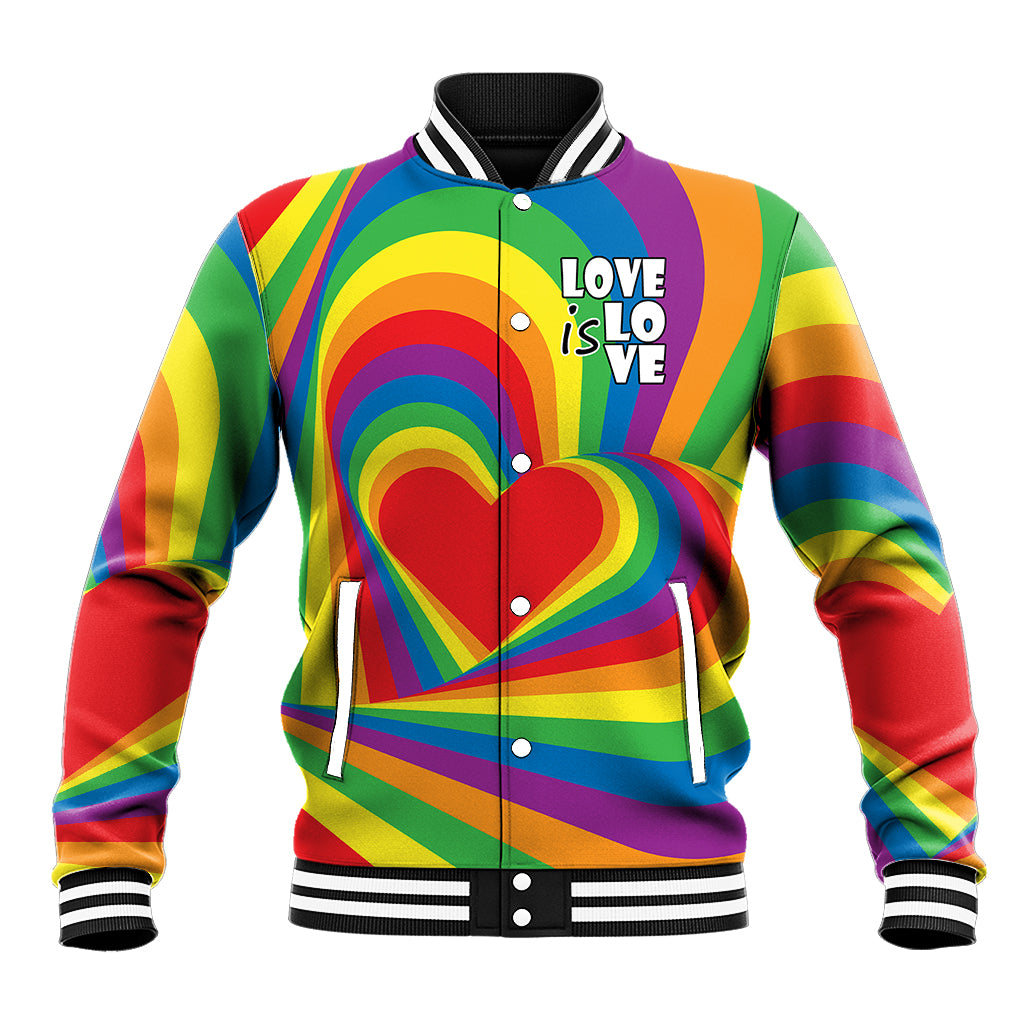 Rainbow varsity baseball jacket with heart graphic and 'Love is Love' front buttons
