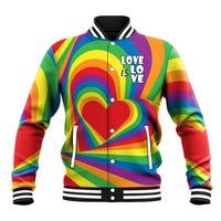 Rainbow varsity baseball jacket with heart graphic and 'Love is Love' front buttons