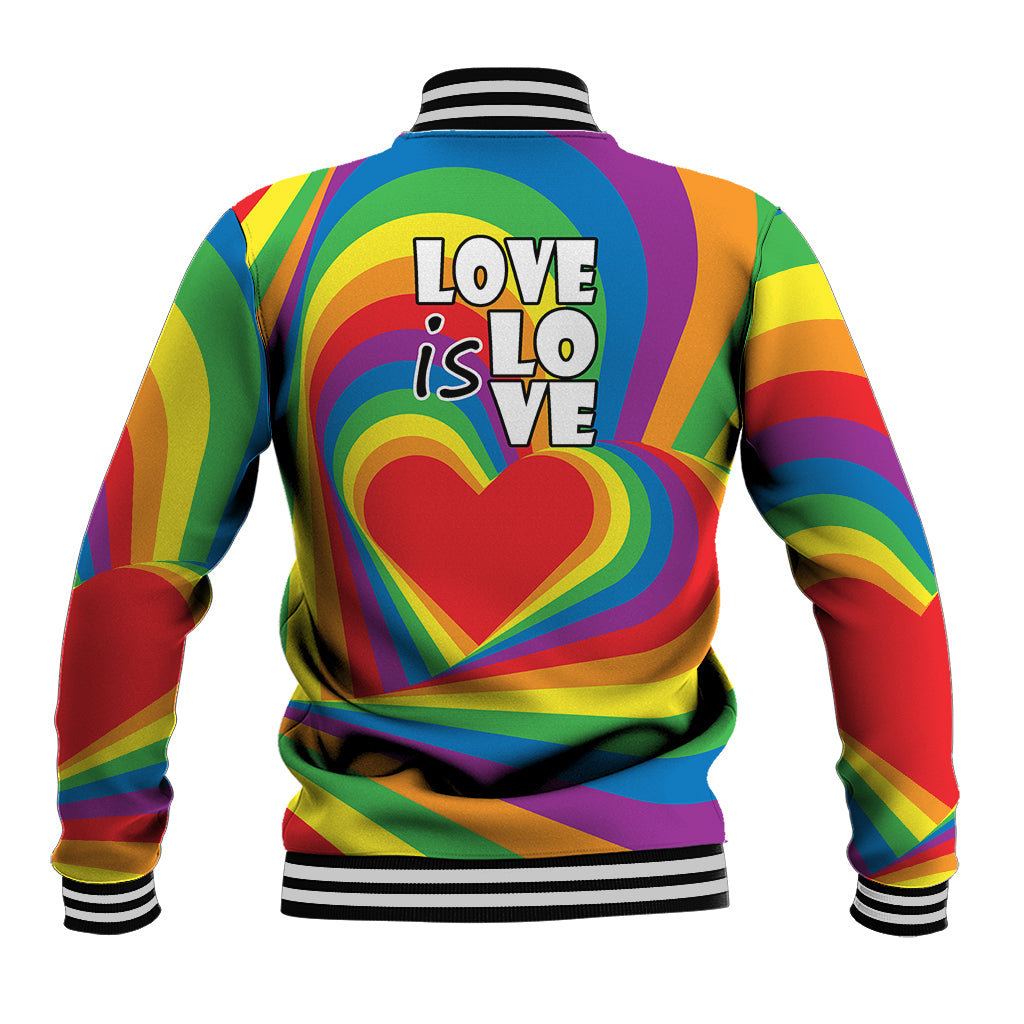 Rainbow baseball jacket back with 'Love is Love' text and large heart graphic
