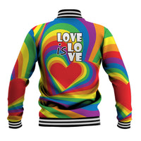 Rainbow baseball jacket back with 'Love is Love' text and large heart graphic