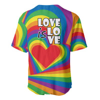 Rainbow baseball jersey with back LOVE IS LOVE text over rainbow heart graphic
