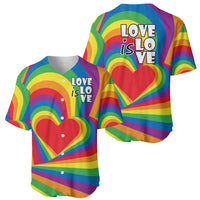 Set of two rainbow baseball jerseys showing front and back LOVE IS LOVE heart graphics