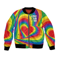 Rainbow bomber jacket with 'Love is Love' text, heart graphic, black ribbed trim