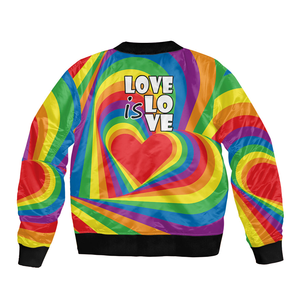 Rainbow bomber jacket back with 'Love is Love' text and large heart graphic, ribbed cuffs