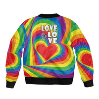 Rainbow bomber jacket back with 'Love is Love' text and large heart graphic, ribbed cuffs