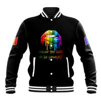 Black unisex baseball jacket, striped cuffs, button front, rainbow lip graphic with slogan