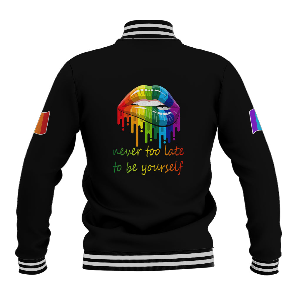 Black unisex baseball jacket back, ribbed hem, rainbow lip graphic with slogan text