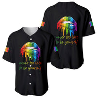 Two black baseball jerseys with rainbow lips graphic, Pride sleeve stripes, button front