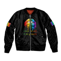Black satin unisex bomber jacket, full-zip with rainbow pride graphic and slogan