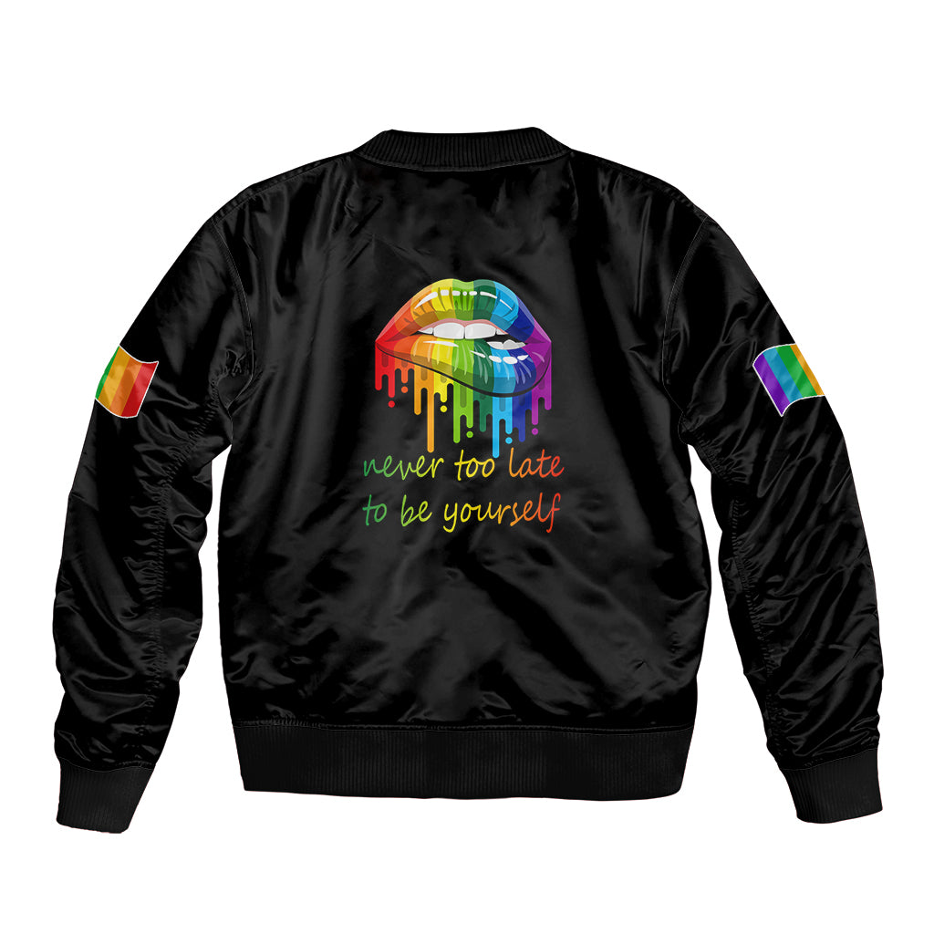 Black satin unisex bomber jacket, back graphic with rainbow colors and slogan