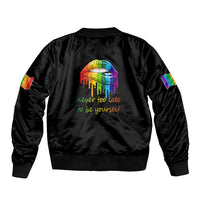 Black satin unisex bomber jacket, back graphic with rainbow colors and slogan
