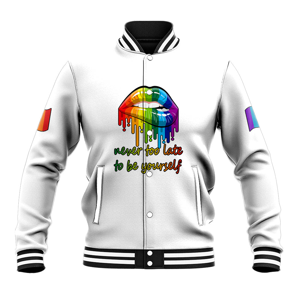 White baseball jacket front with rainbow lips graphic and striped ribbed collar