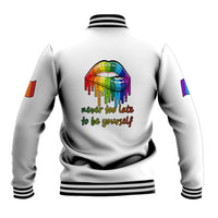White baseball jacket back with rainbow lips graphic, multicolor drips, ribbed hem