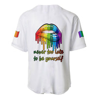 White baseball jersey, rainbow lips graphic on back, Pride stripe sleeve