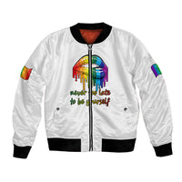 White bomber jacket with rainbow pride graphic, front zipper, ribbed collar and cuffs, pockets