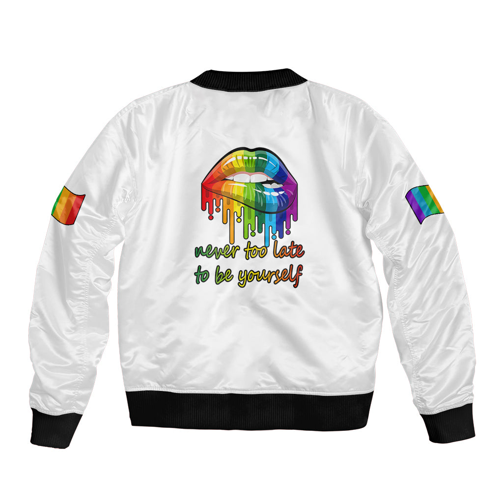 White bomber jacket with back rainbow pride graphic, ribbed collar and hem, zip front