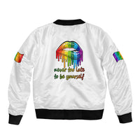 White bomber jacket with back rainbow pride graphic, ribbed collar and hem, zip front