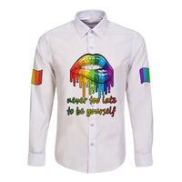 White long-sleeve button shirt, rainbow lips print, 'never too late' slogan