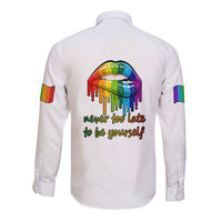 White long-sleeve button shirt, back rainbow lips graphic with 'never too late' slogan
