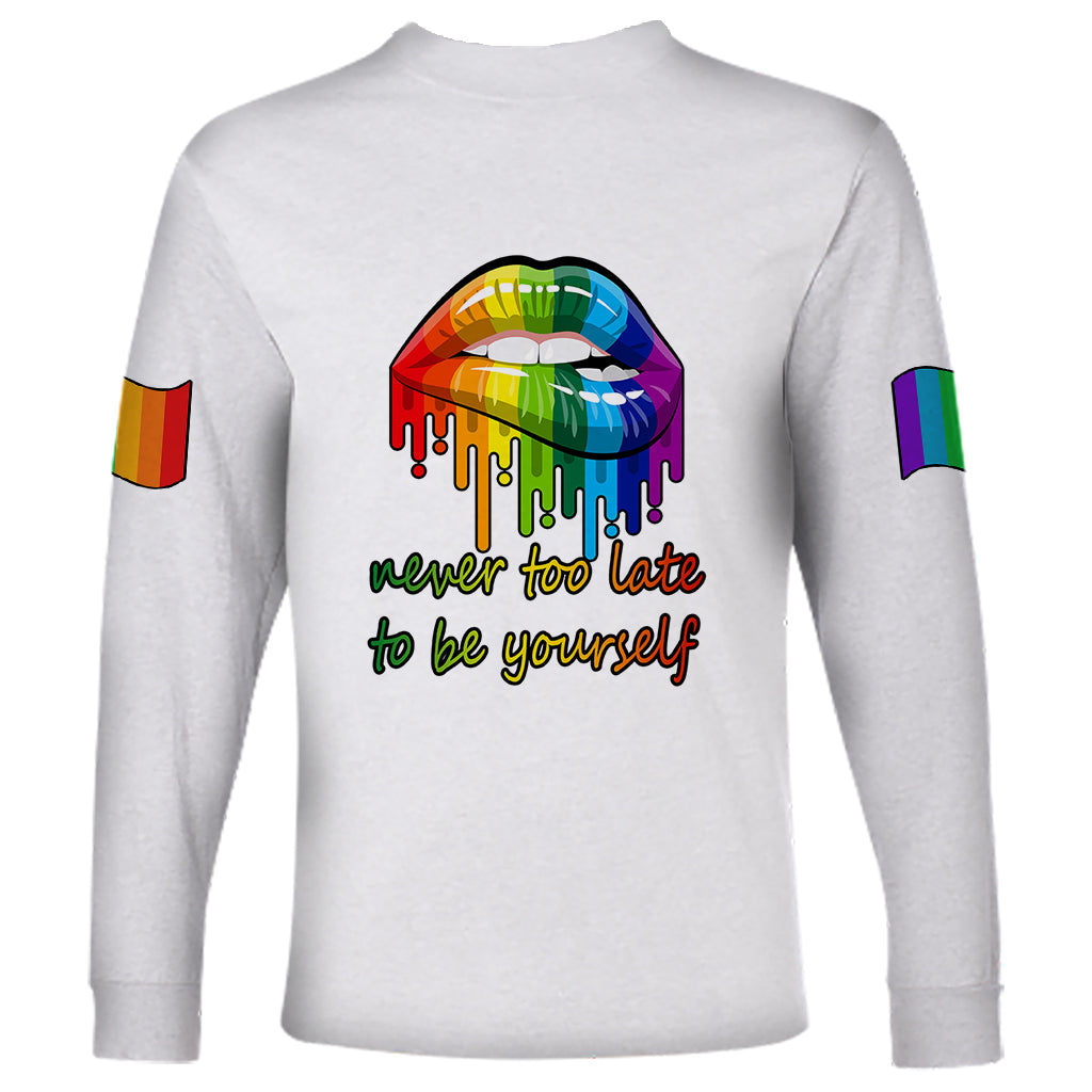 Unisex white long-sleeve shirt with rainbow lips graphic and 'never too late to be yourself'