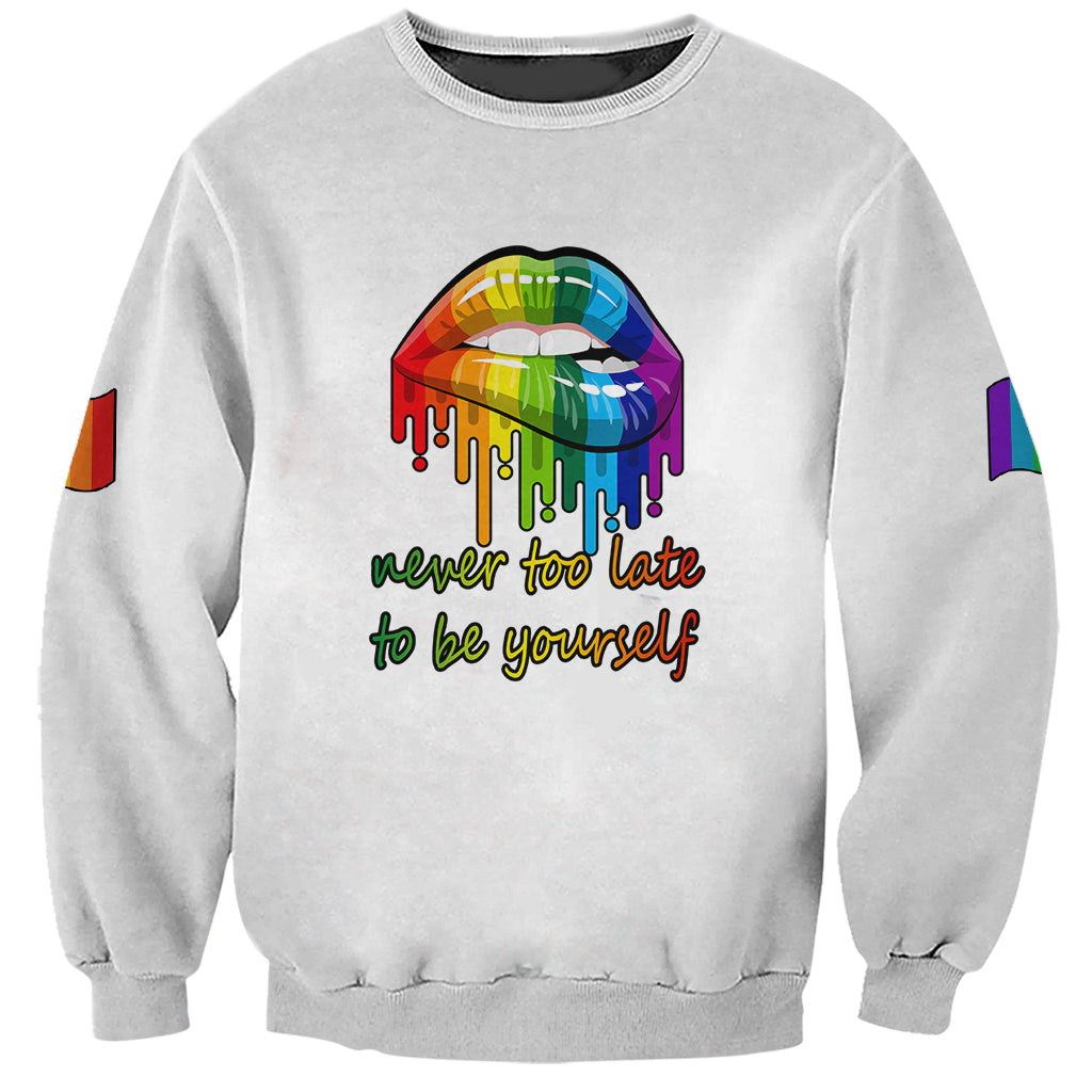Light gray unisex sweatshirt with rainbow lips graphic and never too late to be yourself