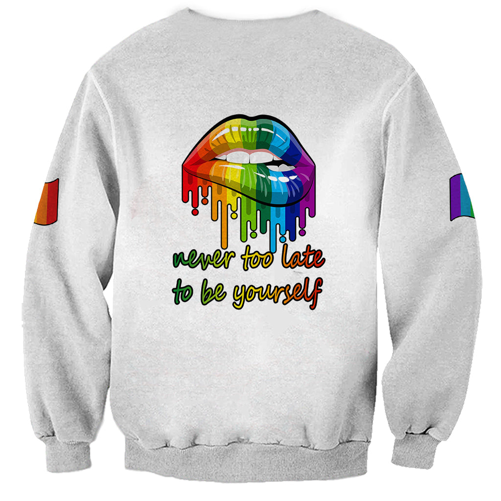 Light gray unisex sweatshirt back with rainbow lips graphic and never too late to be yourself
