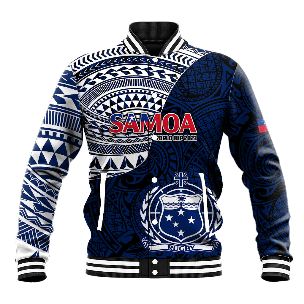 Blue Samoa rugby baseball jacket with white tribal print, ribbed collar and cuffs