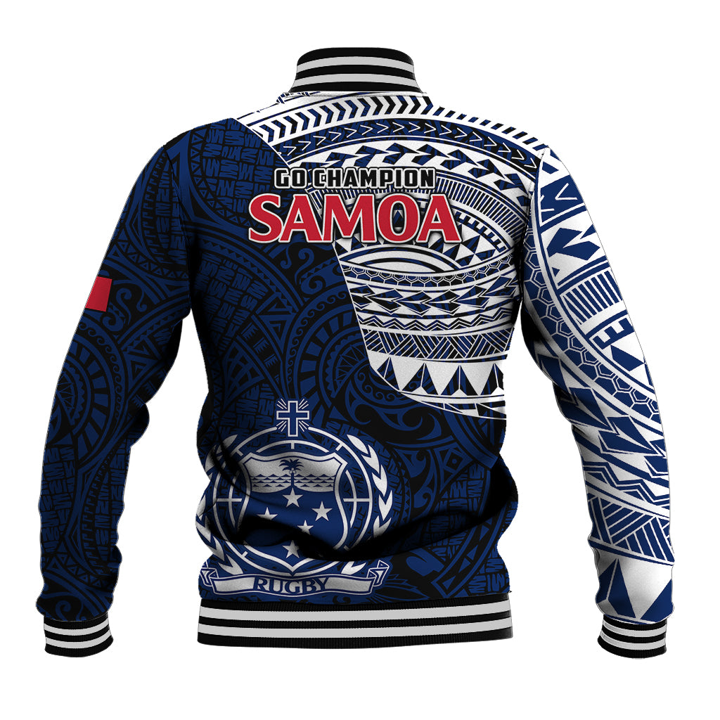 Blue rugby baseball jacket with Samoa crest on back, white patterns, striped ribbed hem