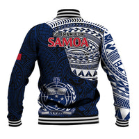 Blue rugby baseball jacket with Samoa crest on back, white patterns, striped ribbed hem