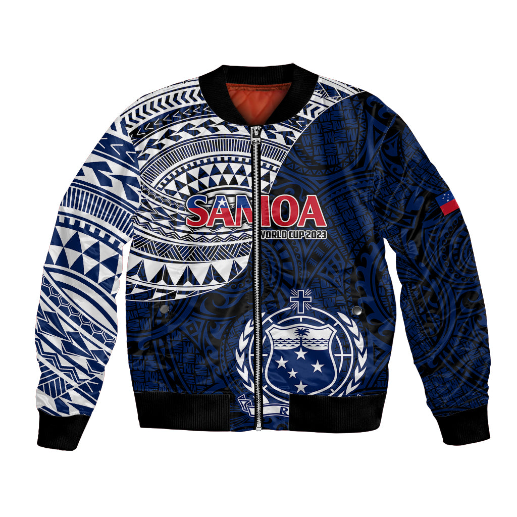 Unisex blue rugby bomber jacket with Samoa graphic, tribal pattern panels, zip front