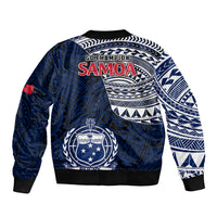 Unisex blue rugby bomber jacket with Go Champion Samoa back print, ribbed hem, zip